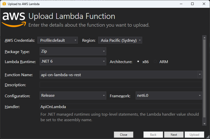Upload Lambda Function dialog box from Visual Studio to deploy an ASP NET Application