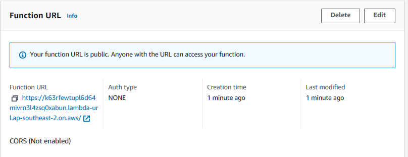 Function URL enabled for Lambda Function. Navigate to the URL to access the ASP NET API Application