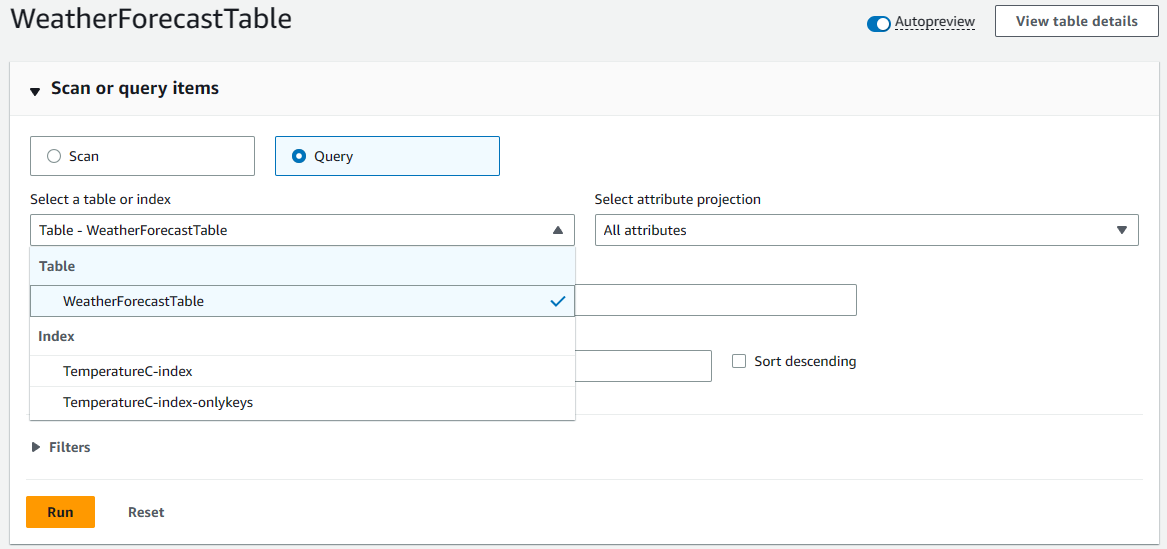 AWS Console Query DynamoDB table UI allows to choose the Index on the table to query/scan on.