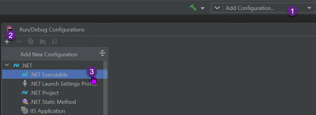 Adding a .NET Executable type run/debug configuration in JetBrains Rider.