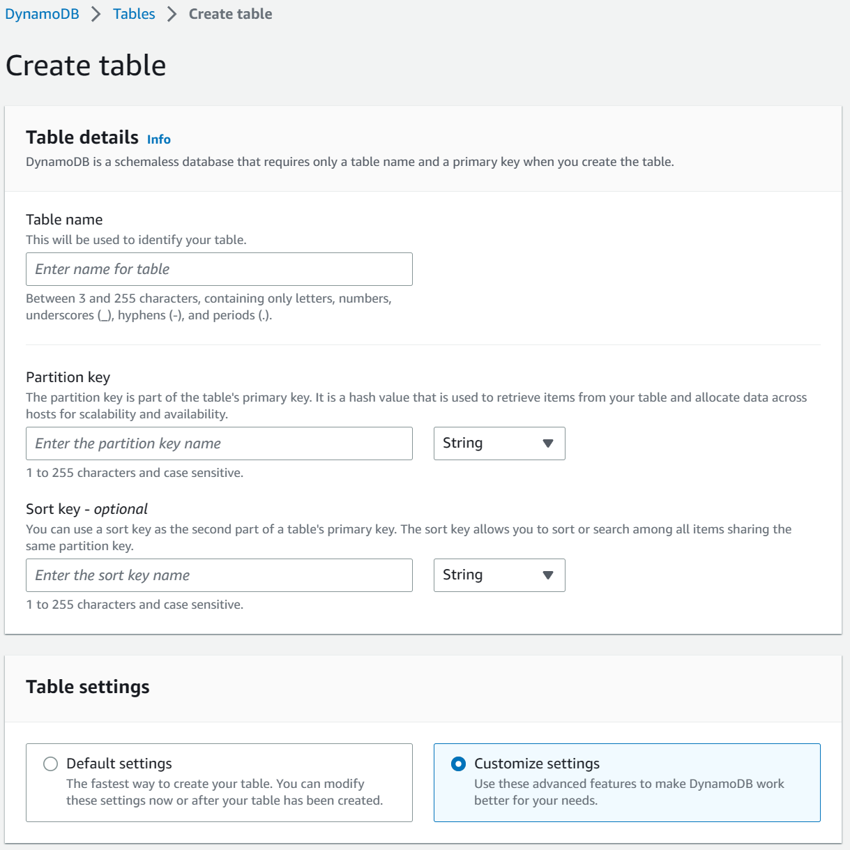 Create Table UI in Amazon AWS Console. Select Customize settings options to create GSI along with creating your DynamoDB Table.