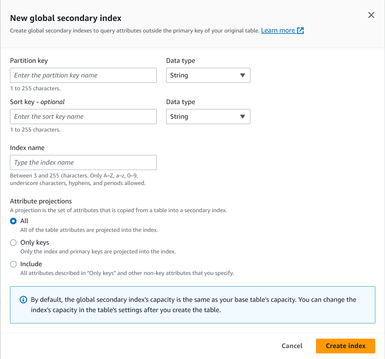 Create GSI dialog which prompty for Partition key, Sort key, Index name and also the Attribure projections.