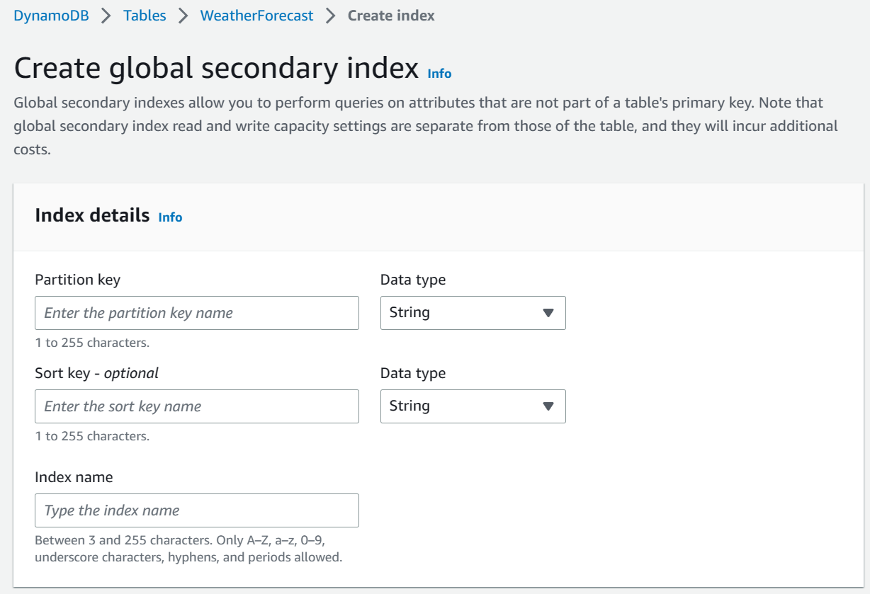 Create GSI popup with the same required details as when creating on a new table.