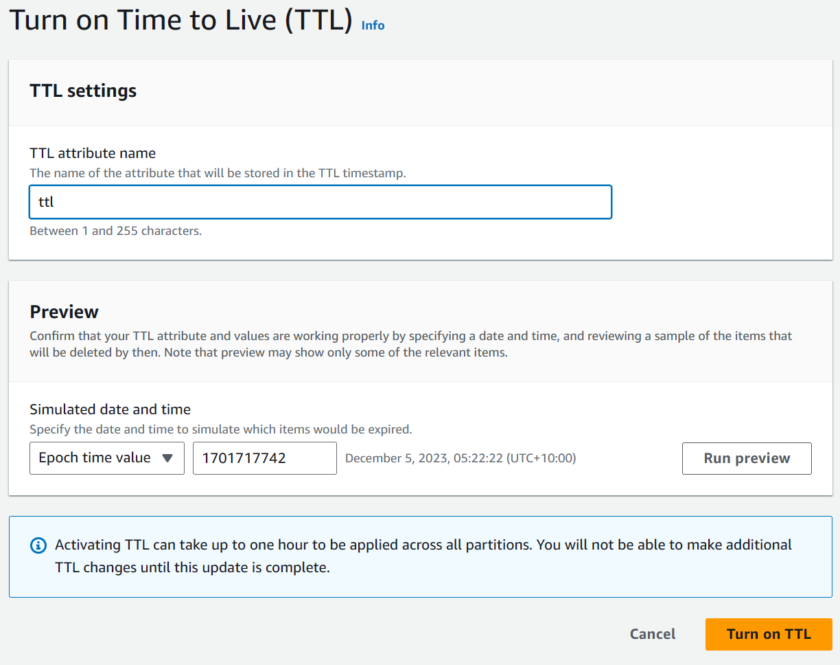 Specify the TTL attribute name to use in AWS Console and turn on TTL.