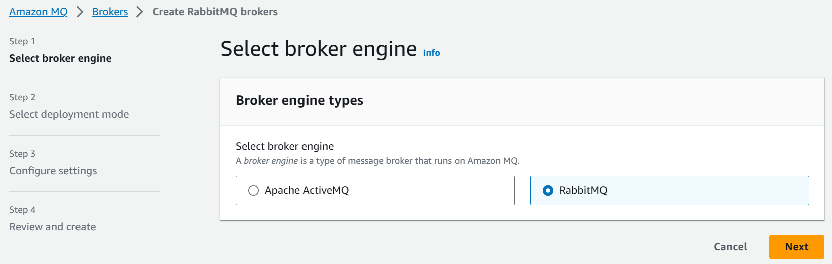 Create a new Amazon MQ broker using the RabbitMQ broker type.