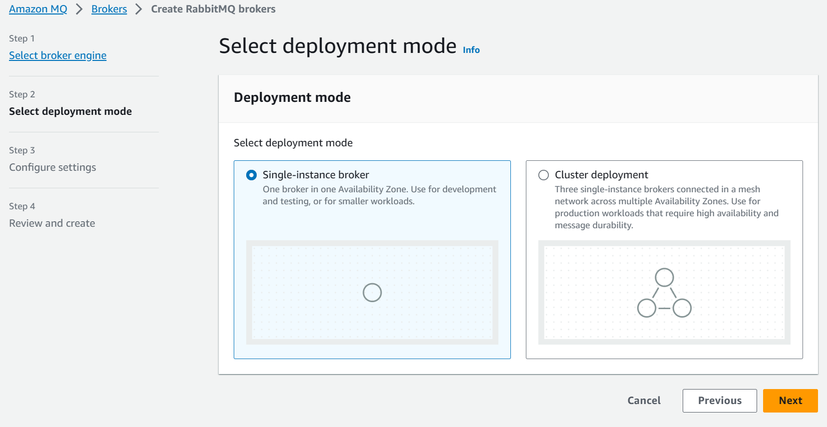 Choose the deployment mode for Amazon MQ Rabbit broker instance - choose between single instance and cluster.