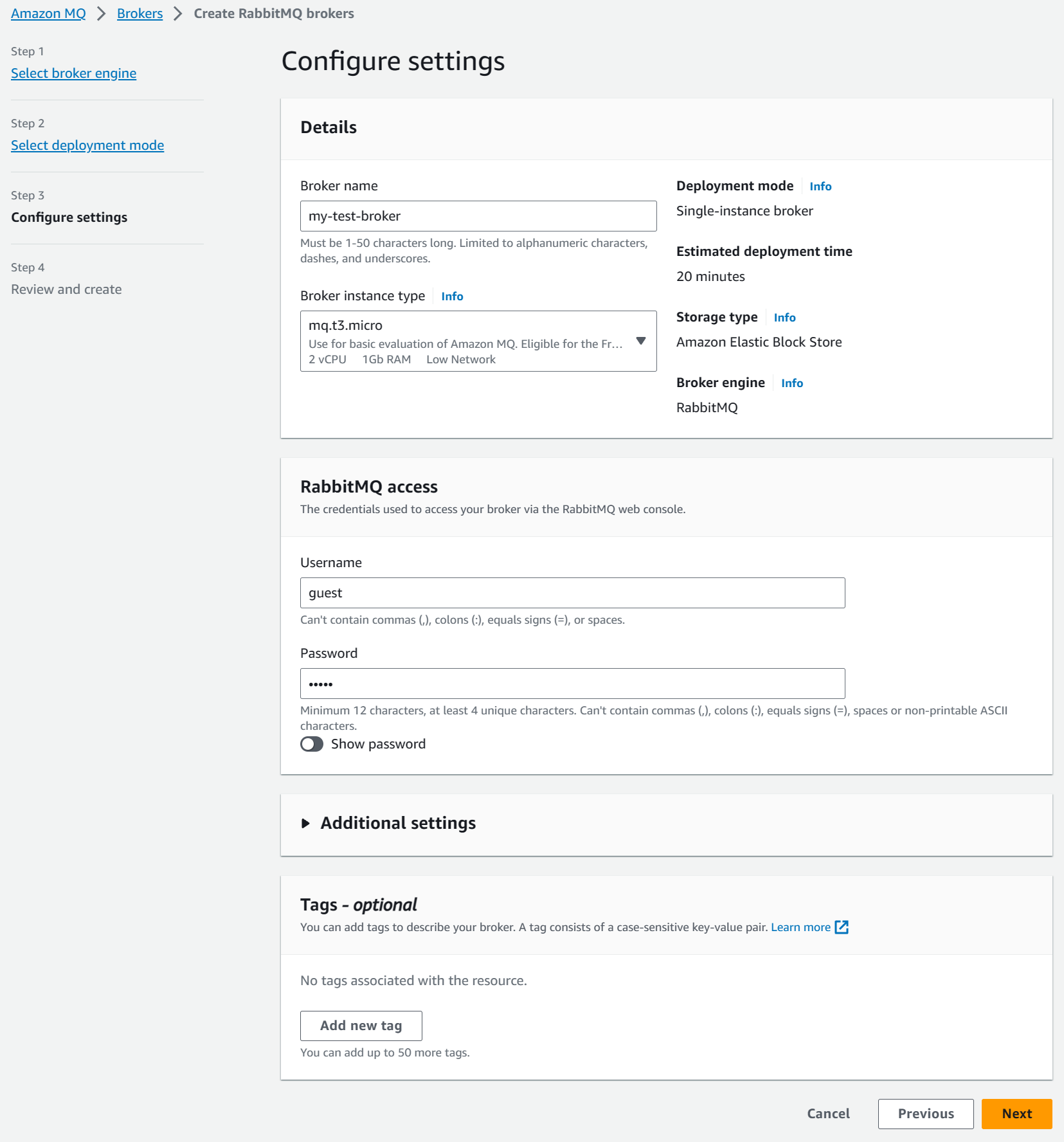 Configure RabbitMQ setting in Amazon MQ.