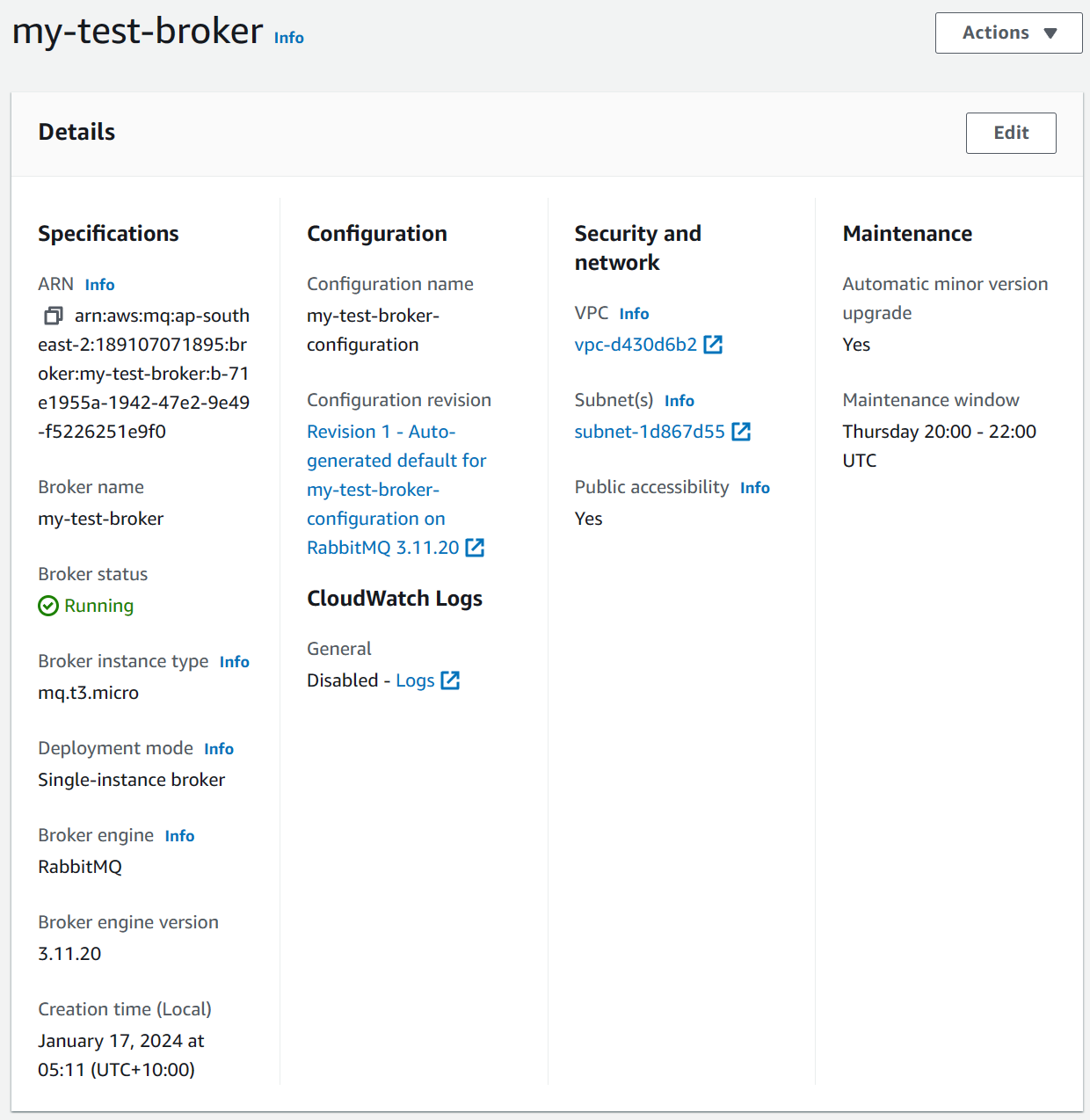 RabbitMQ broker instance up and running and the details as from the AWS console.