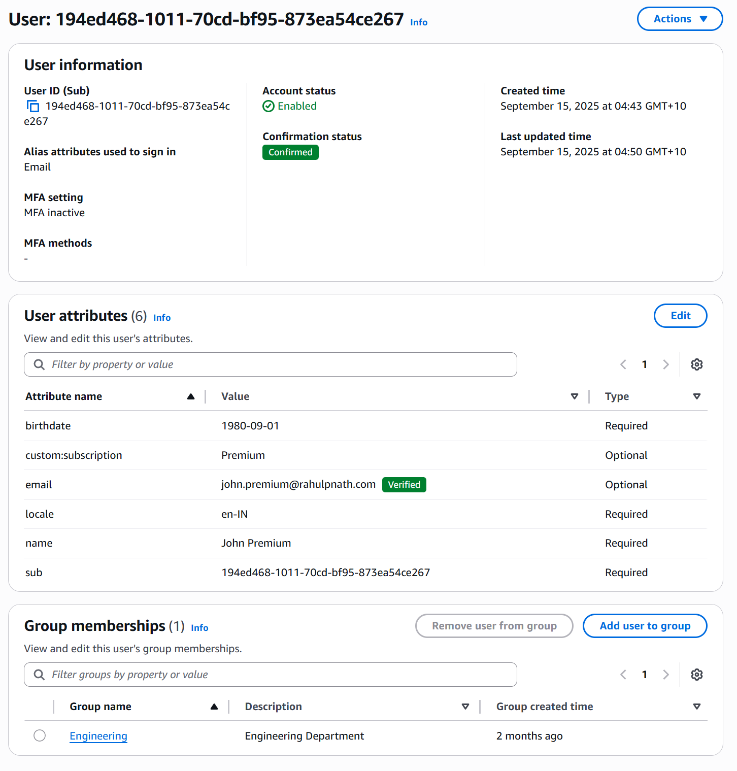 Adding custom attribute value to a user in Amazon Cognito