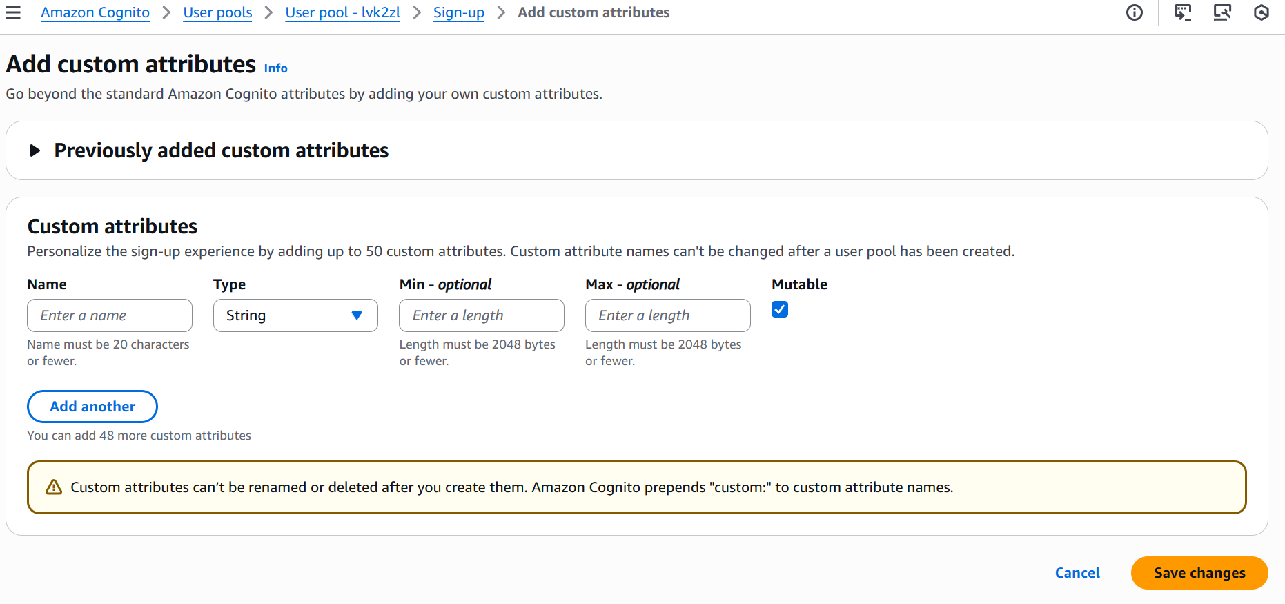 Adding a custom attribute in Amazon Cognito user pool