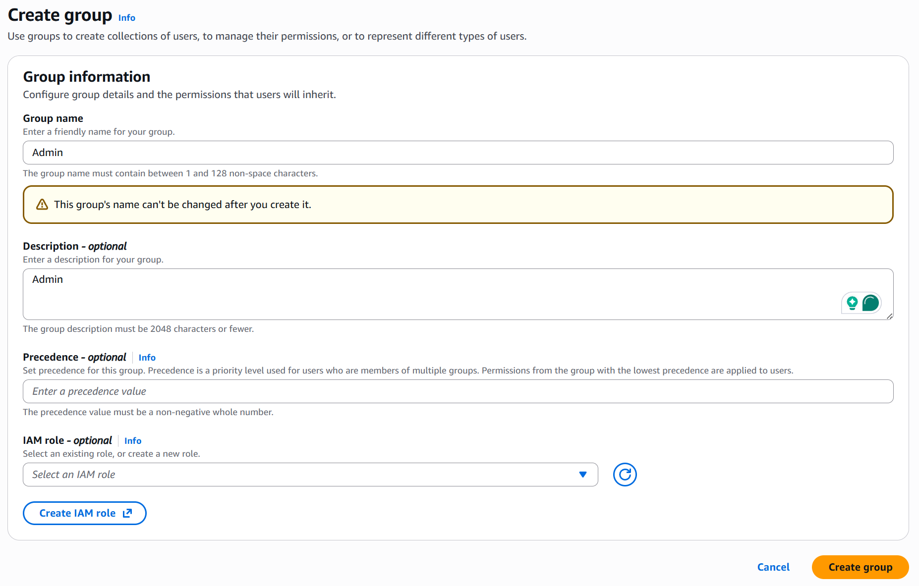 Create Group in Amazon Cognito