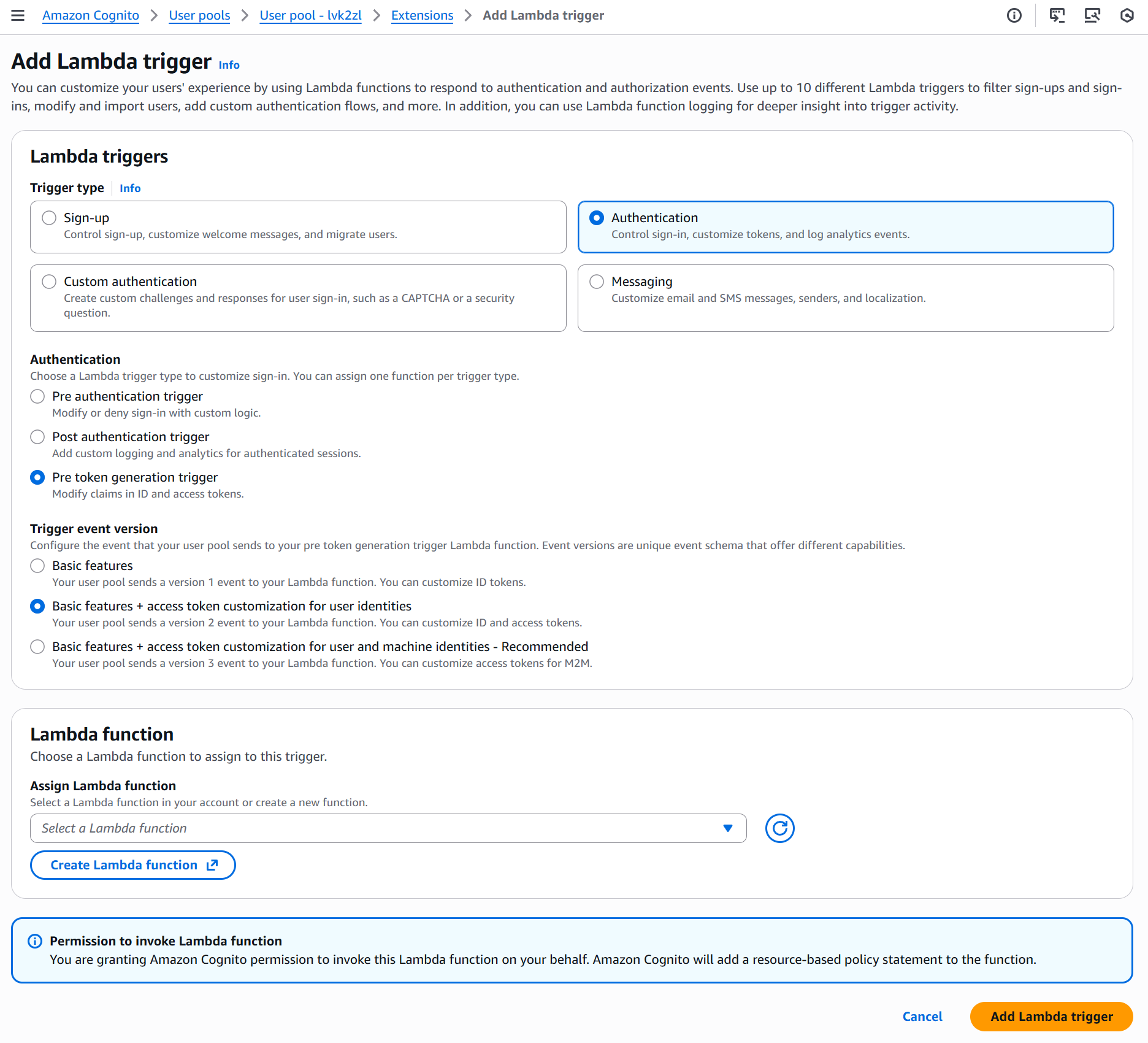 Configuring pre token generation trigger for Amazon Cognito using a Lambda function.