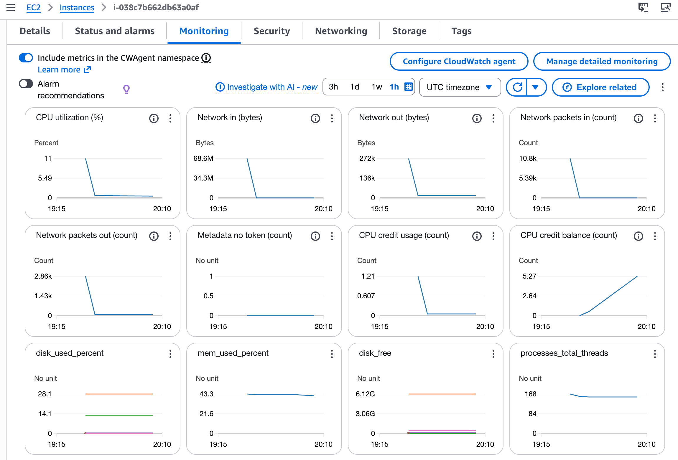 EC2 Monitoring dashboard showing CloudWatch Agent metrics including memory, disk, and process information