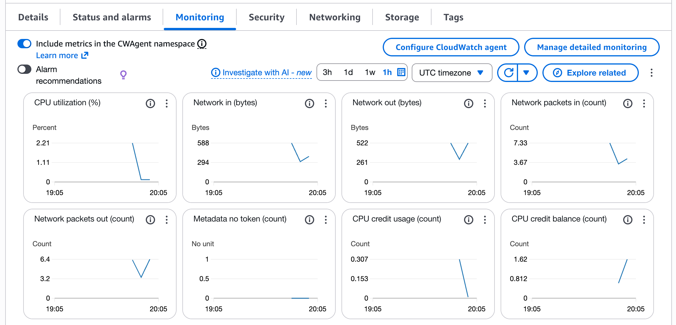 Default EC2 metrics showing CPU utilization, network traffic in the AWS Console