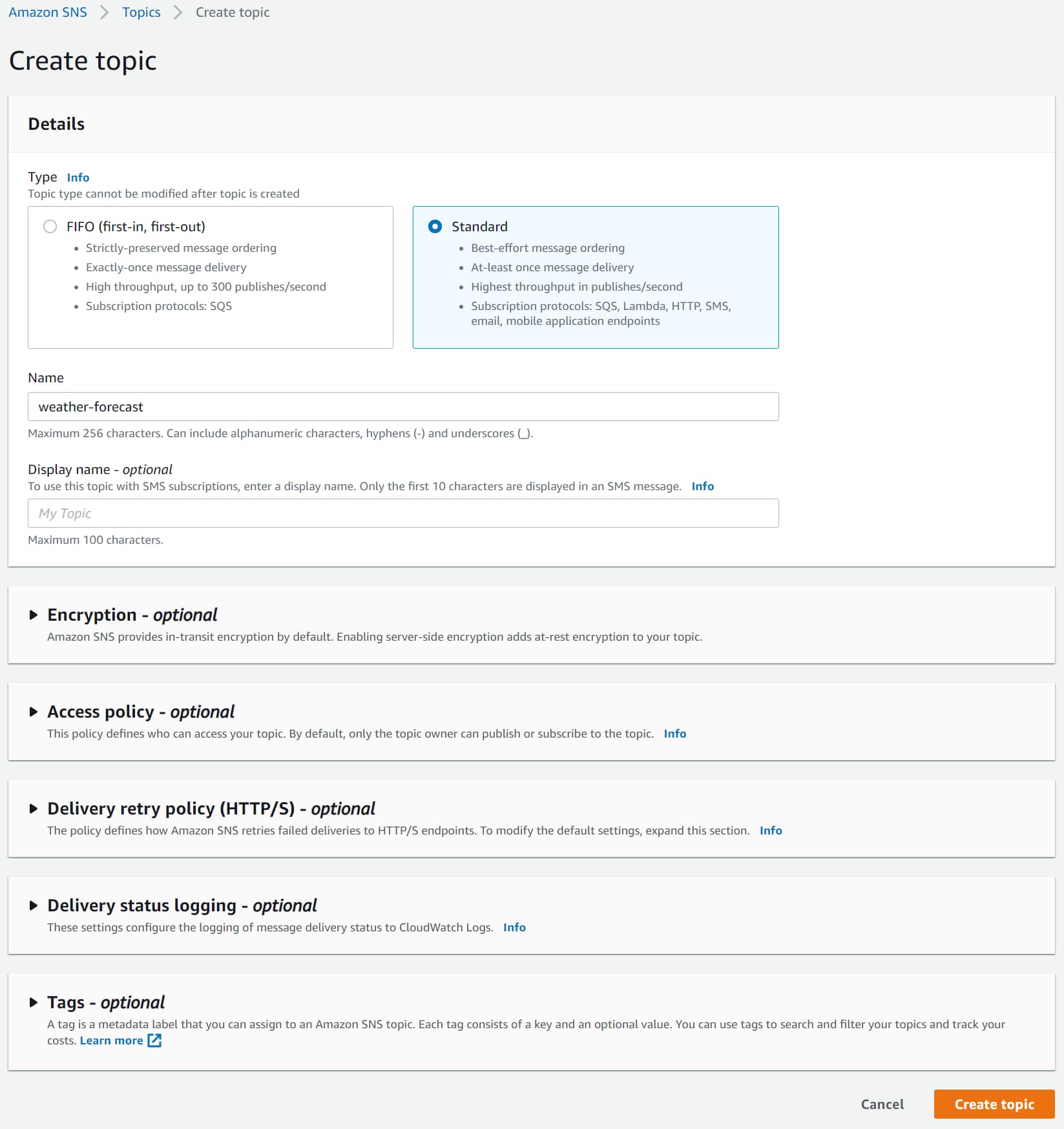 Amazon SNS create new Standard topic from the AWS Console