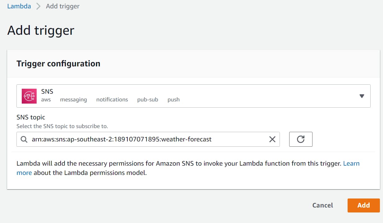 Setting up a SNS Trigger for Amazon Lambda. Every time a message is dropped to the Amazon SNS Topic the .NET lambda function will be triggered