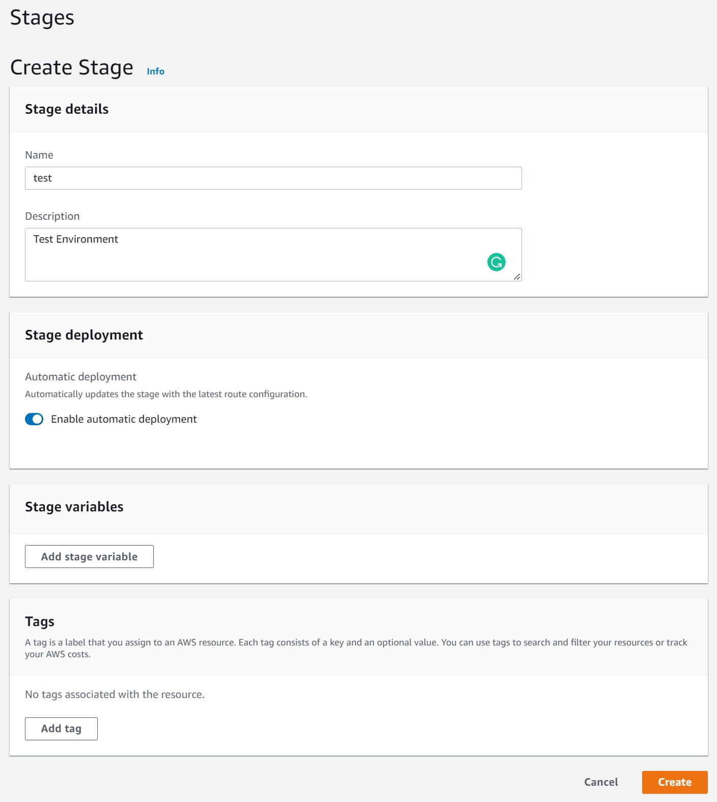 Create a new Stage in API Gateway