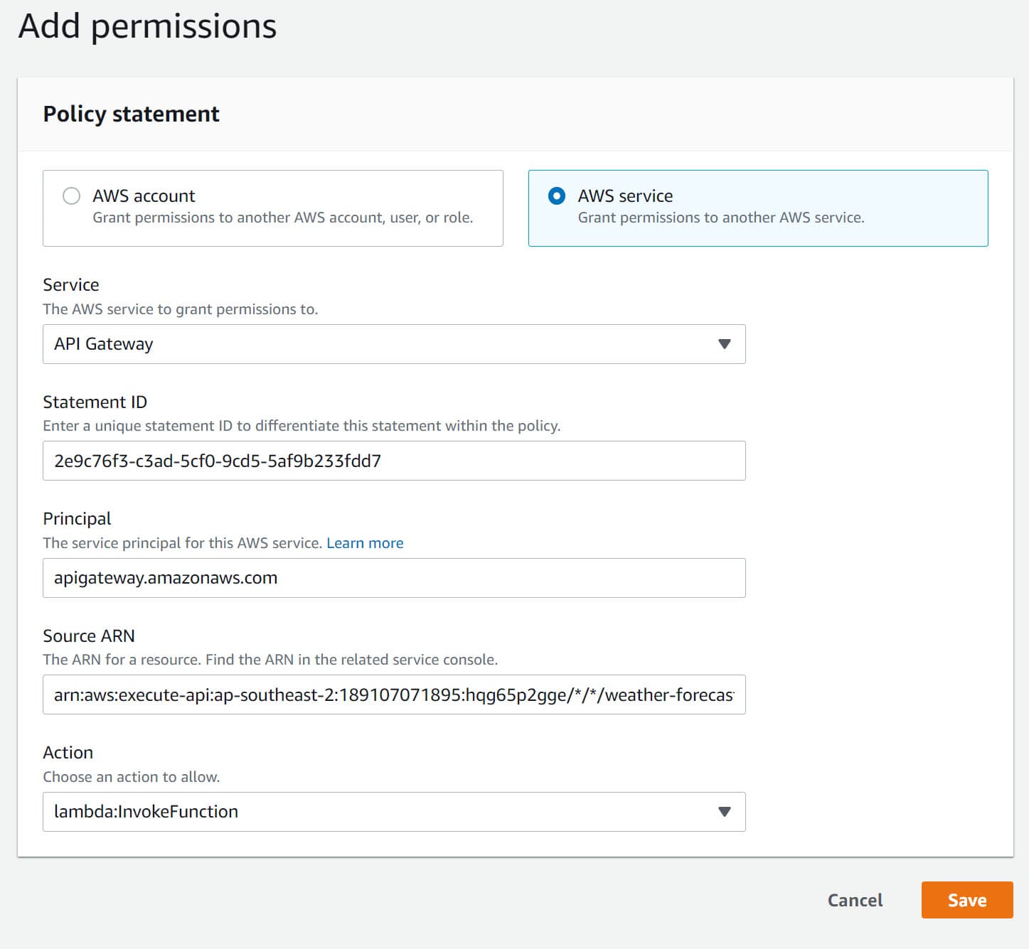 Add Invoke function permissions to the AWS Lambda for the API gateway to be able to invoke