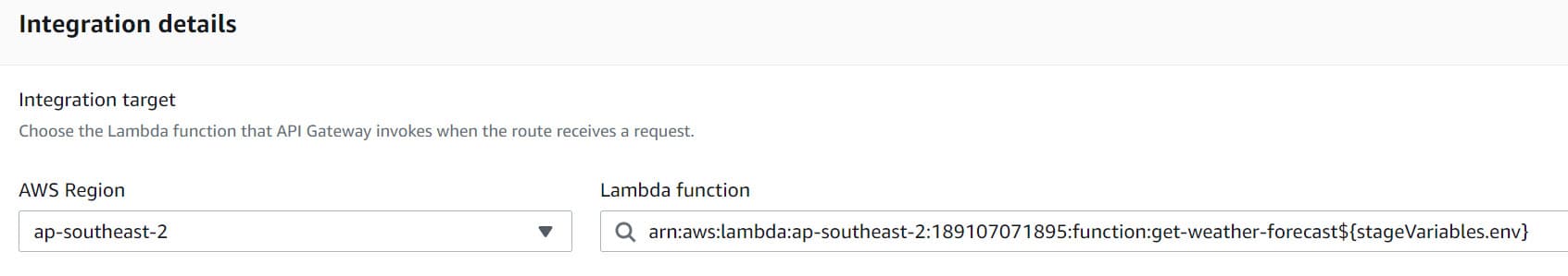 Use stage variables when specifying lambda integration for AWS API Gateway route integration.