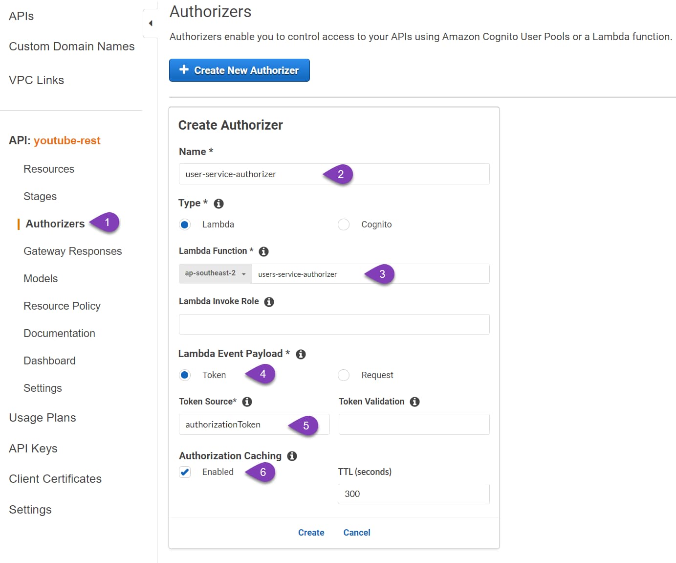 Create a new .NET Lambda Authorizer in API Gateway REST API by providing the name, Lambda function used as the authorizer, and the token type to use. Also, enable token caching if required.