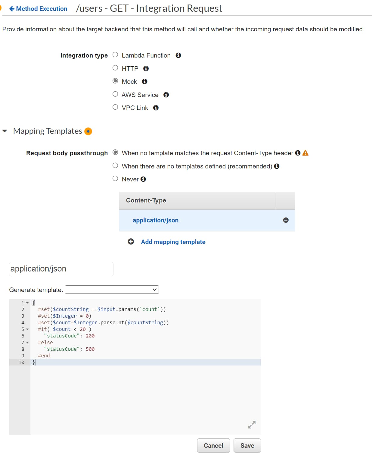 Integration Request using VTL mapping template for a mock integration in Amazon API Gateway REST API.