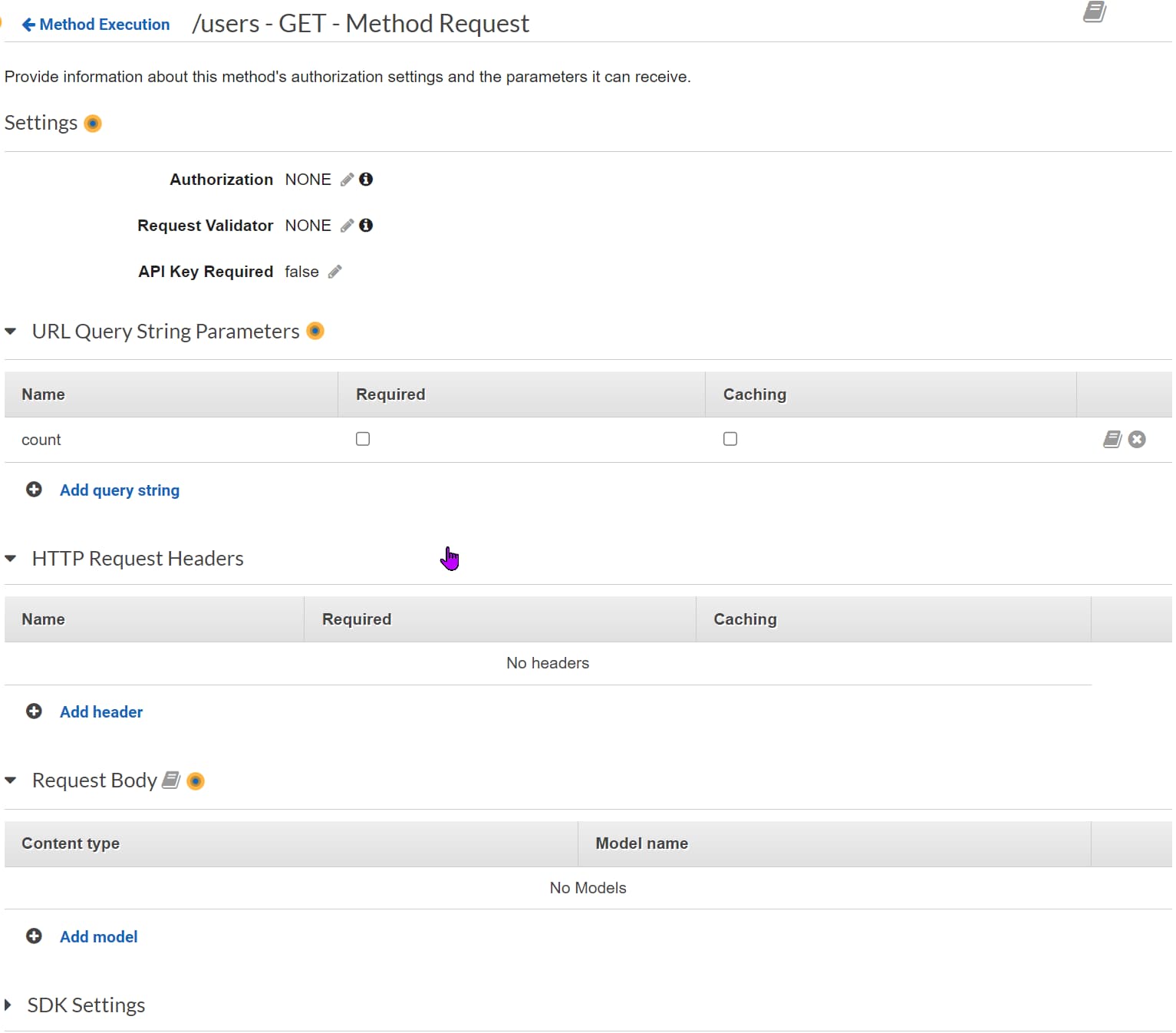 Configure the headers, query string parameters, authorization, validators etc. on the incoming HTTP method request.