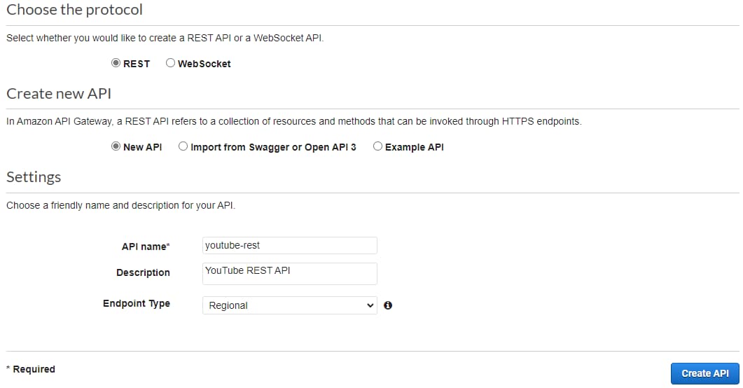 Create an Amazon API Gateway REST API by providing a name, description, and endpoint type. 