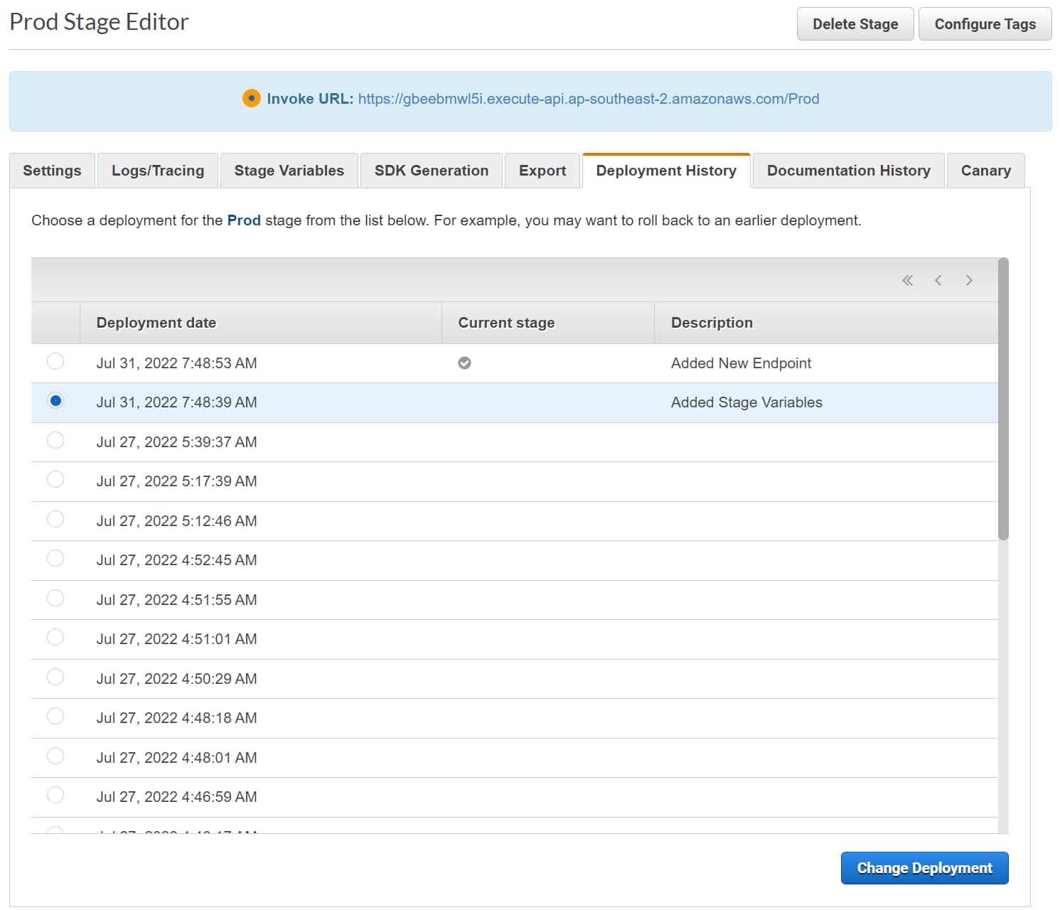 Curernt and previous deployment history under API Gateway Stages. Select a different version and deploy that version.