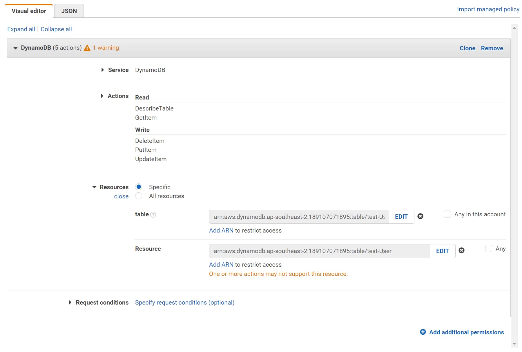 Update the Lambda IAM Role to provider permissions to talk to the Stage-specific DynamoDB table. Explicitly select the required permissions and the Resources the Lambda function needs access to.