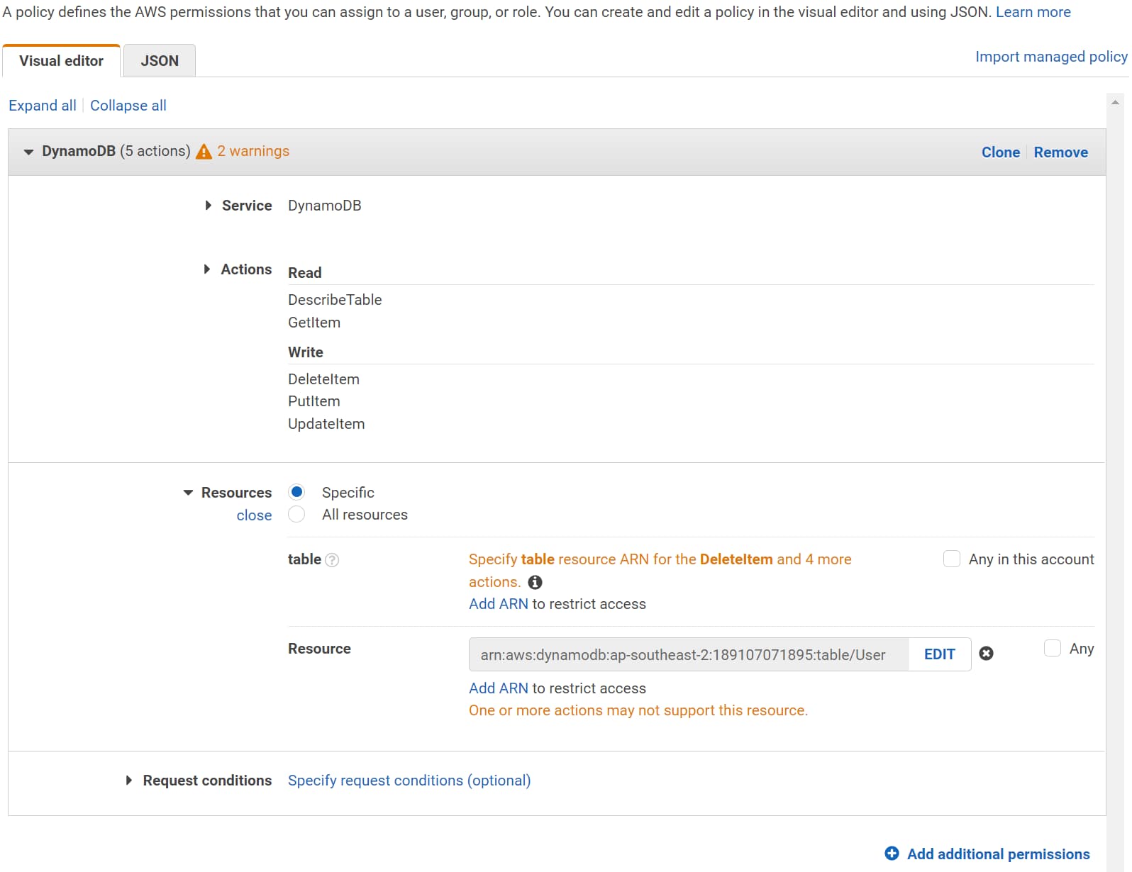 Update the Lambda IAM Role to provider permissions to talk to the DynamoDB table. Explicitly select the required permissions and the Resources the Lambda function needs access to.