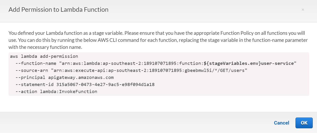 Add permission to Lambda Function manually for API Gateway to be able to invoke it. When you use stage variables in the lambda name, this dialog prompts up since you need to add in the permissions manually.