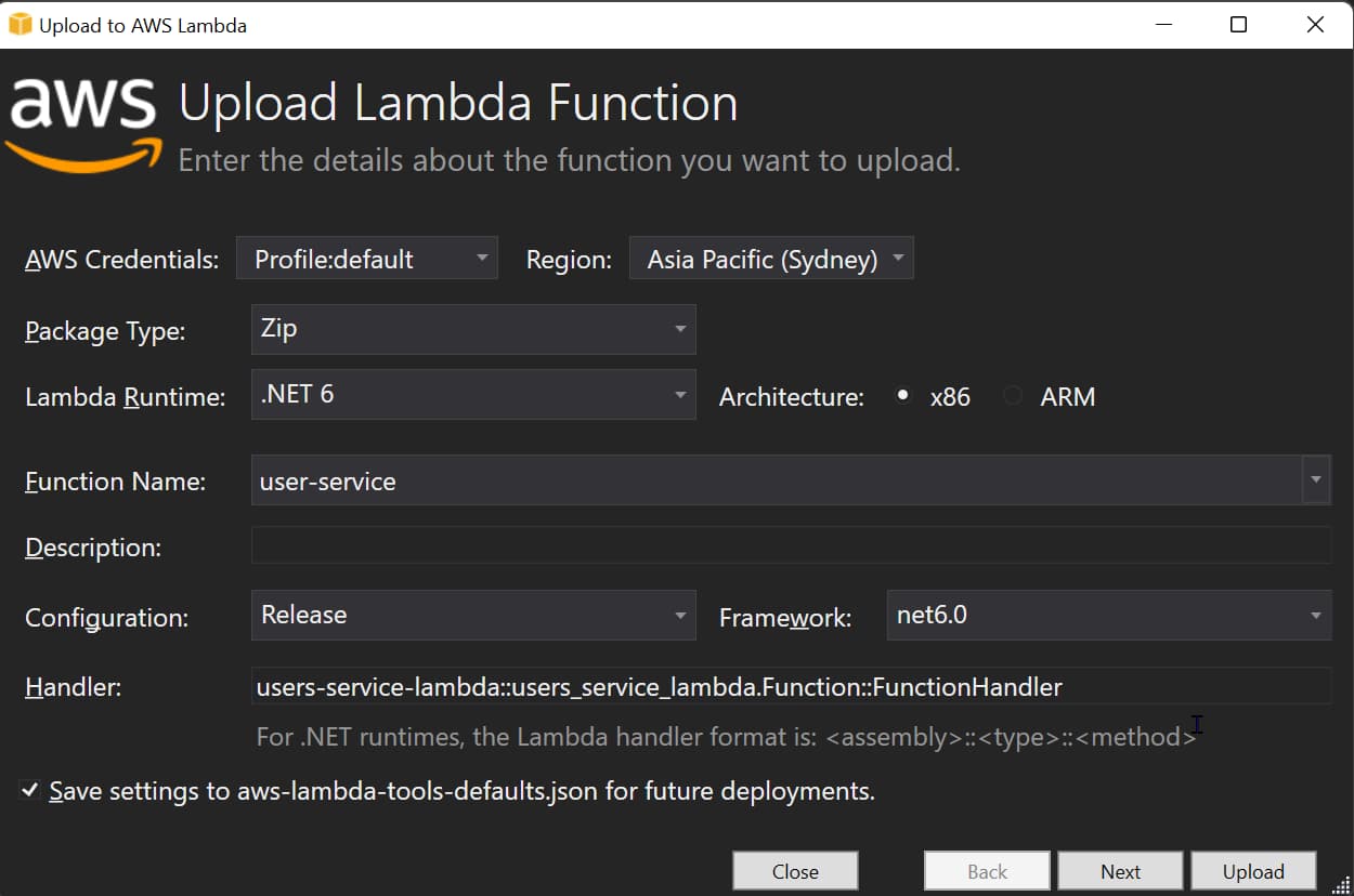 Publish the lambda function from Visual Studio using the AWS Toolkit.