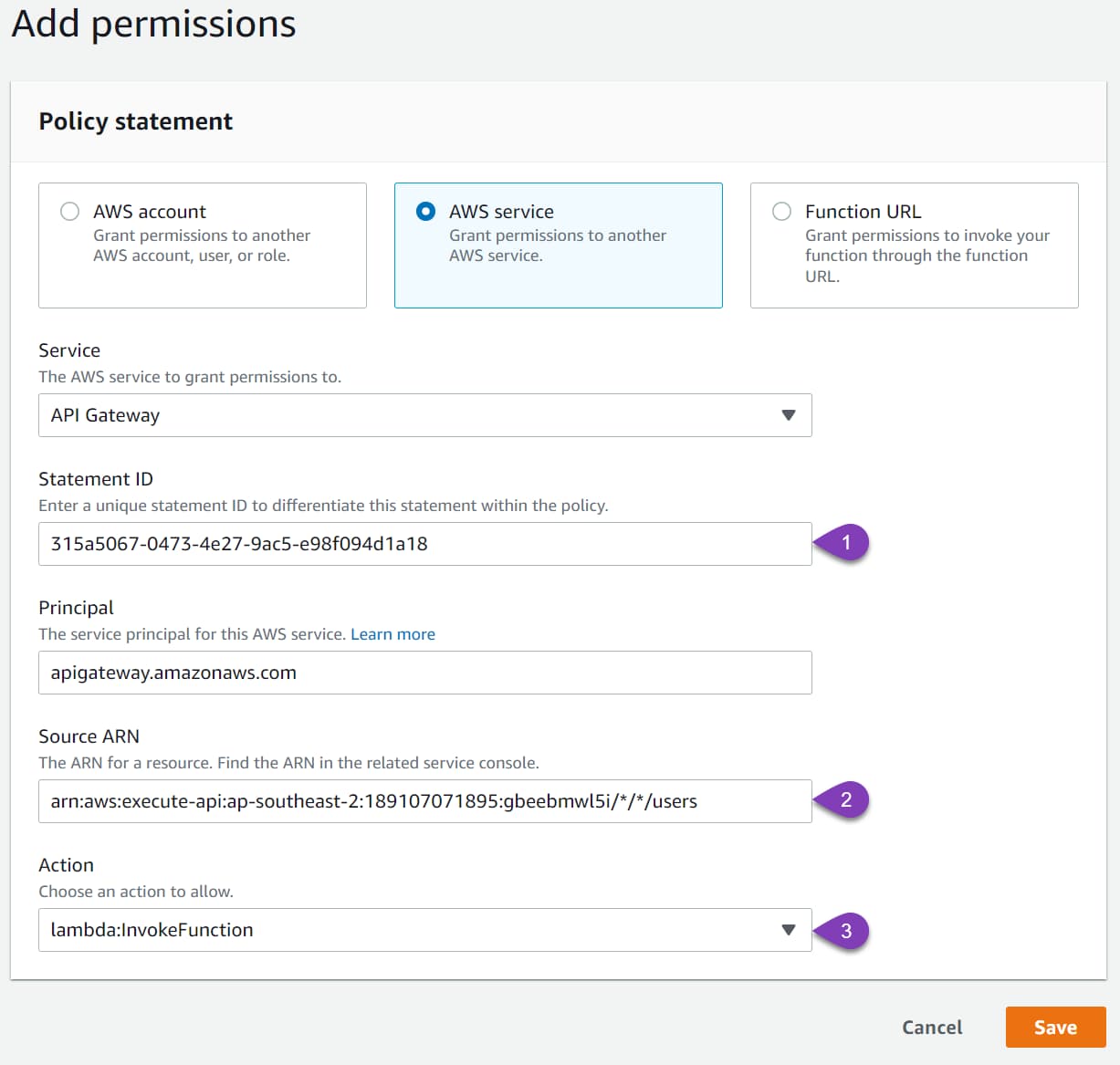 Add a resource-based policy to provide the API Gateway permission to invoke the Lambda Function. The Source ARN specifies the endpoint ARN details that require access. In this case, all HTTP Methods under the user resource is given access to invoke the Lambda function. 