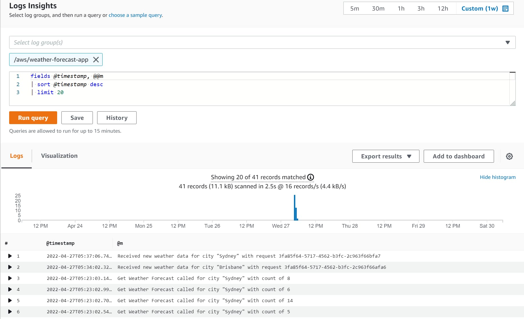 Sample query in aws cloudwatch log insights