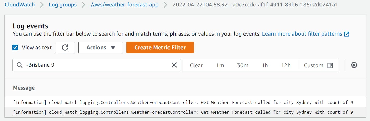 Text based filtering in CloudWatch log group, Showing all logs which do not have Brisbane and have number 9