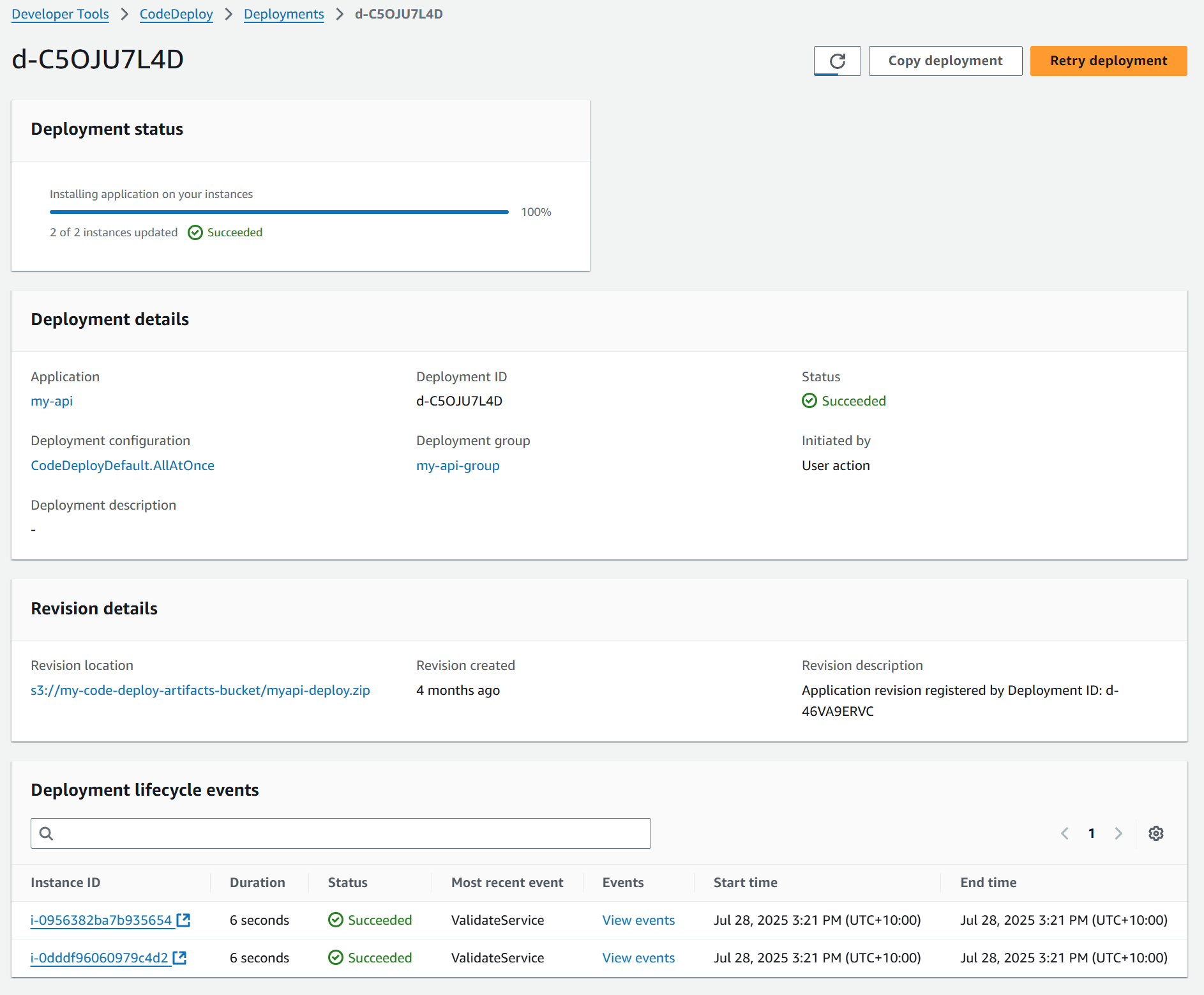 AWS Code Deploy Deployment updates in AWS Console.