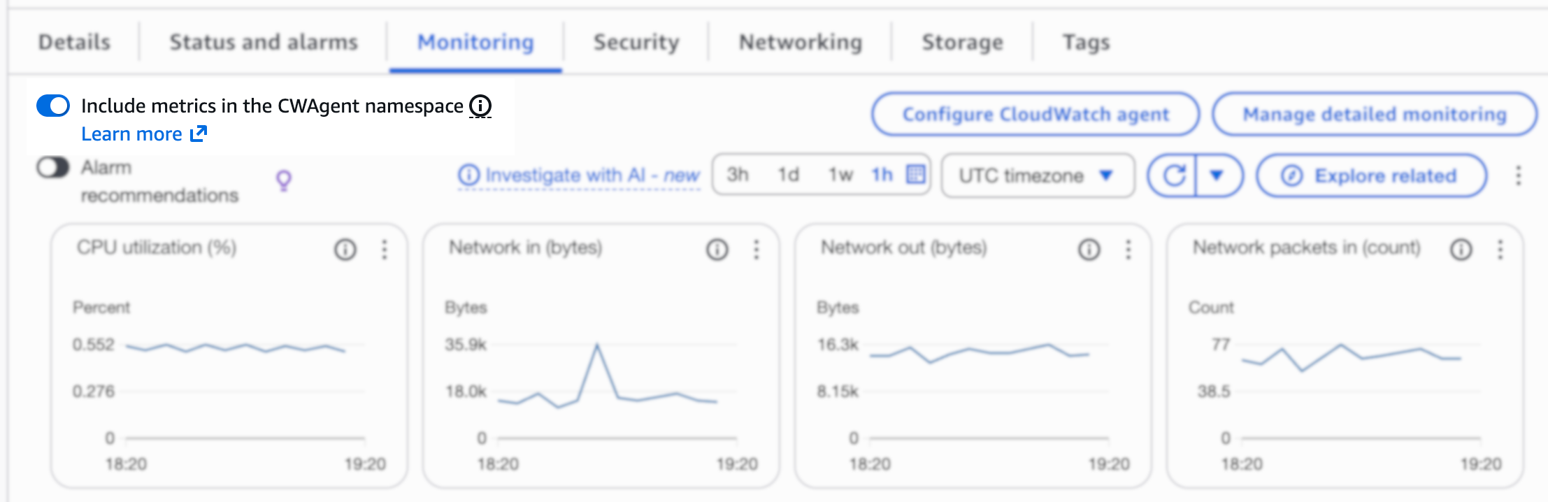 EC2 Monitoring dashboard showing CloudWatch Agent metrics from User Data installation