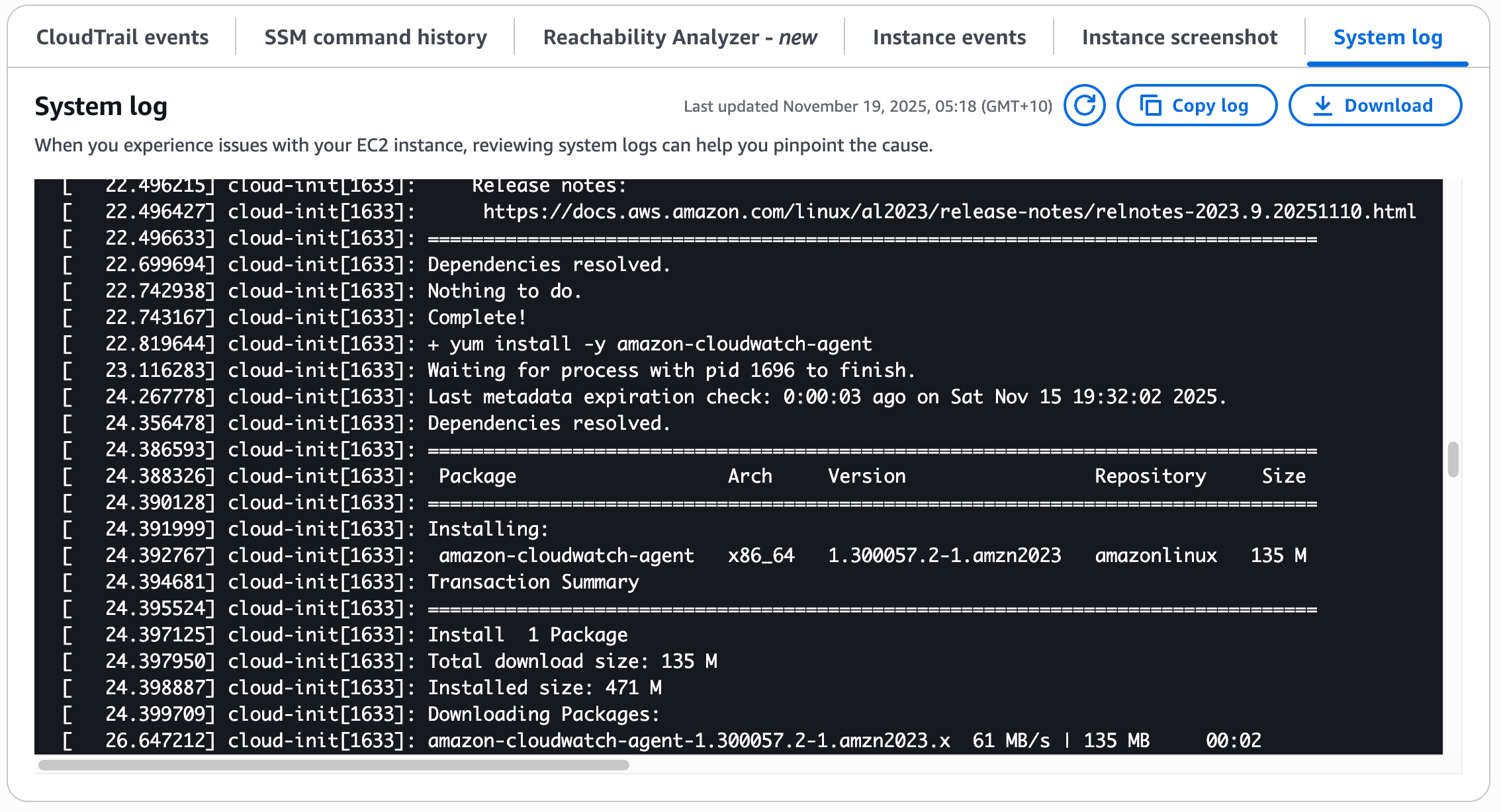 EC2 system log showing User Data script execution output