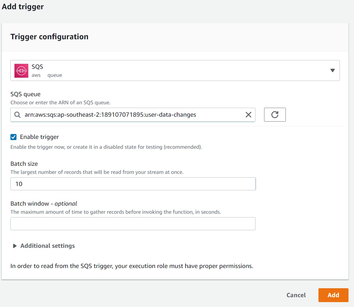 Select SQS as the source and the SQS Queue ARN details. When a new message comes to the SQS queue, our .NET Lambda Function will be triggered. 