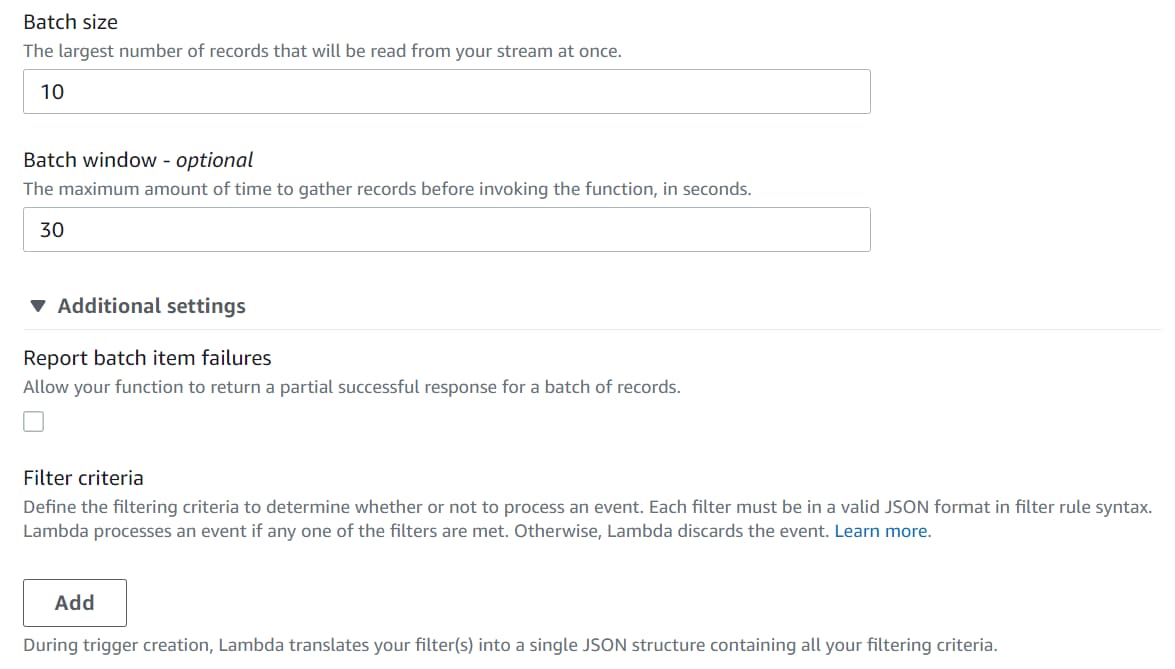 The SQS Lambda trigger provides a few configurable options, mainly Batch Size and Batch Window. This affects how the messages are sent to the Lambda function.