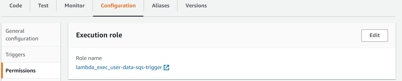 Select the Execution Role under Configuration → Permissions to update the IAM Policies for the .NET Lambda Function.