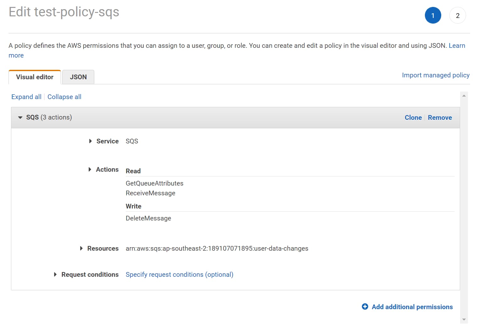 Set up inline IAM Policy for the .NET Lambda Function to connect with the SQS. It requires permissions to ReceiveMessage, DeleteMessage and to GetQueueAttributes.