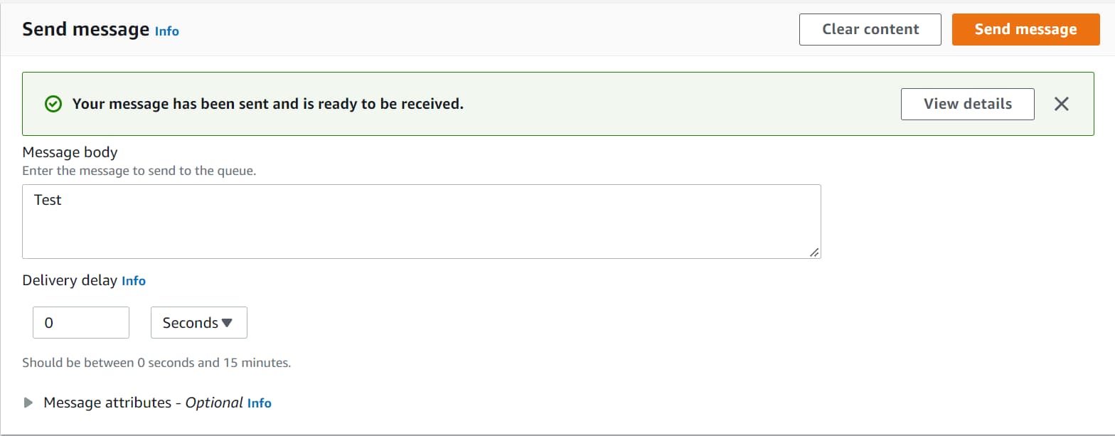 Send a test message from the SQS in the AWS Console