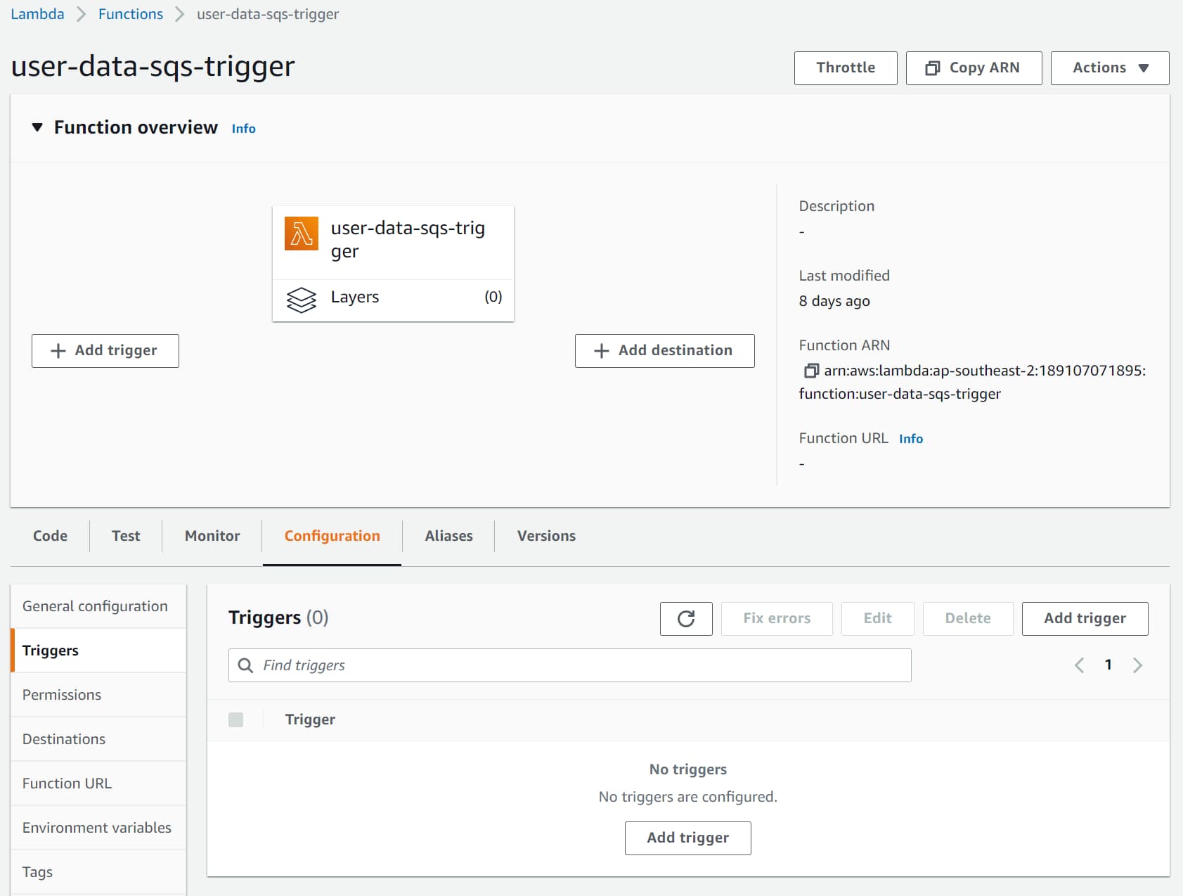 To add a Lambda trigger, select the Add trigger option under Configuration → Triggers.