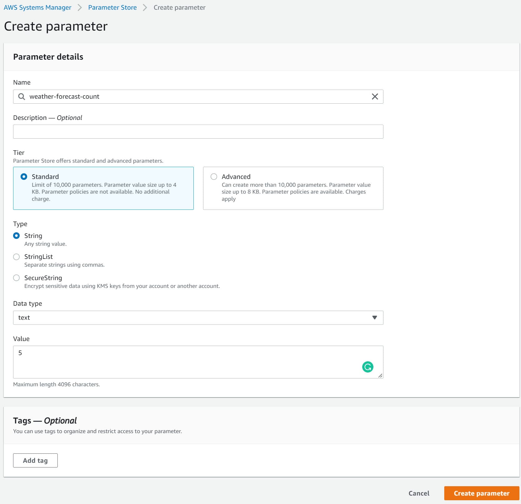 Create a new parameter in Parameter Store