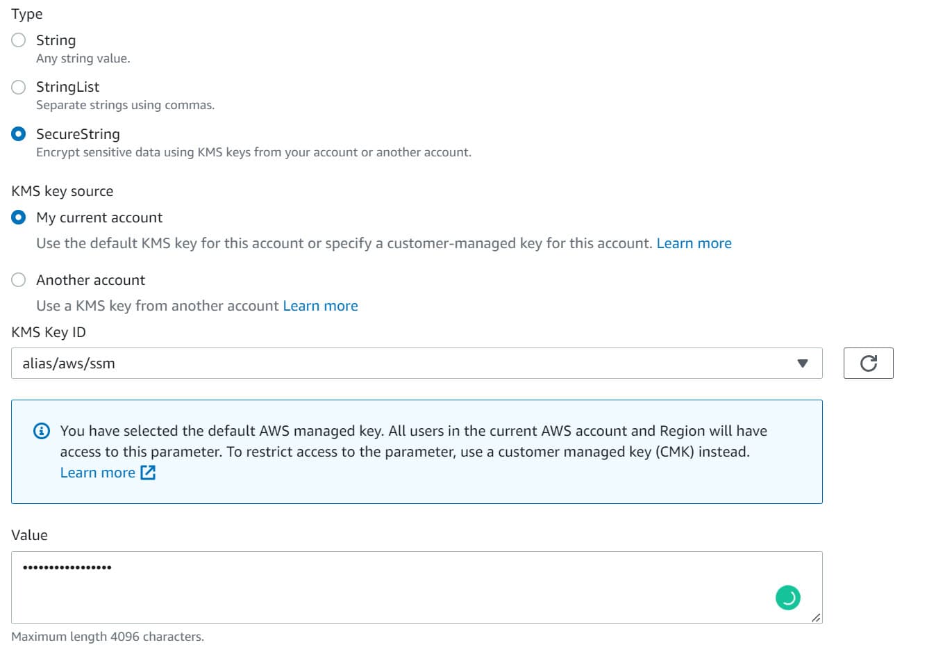 SecureString Parameter Store Type uses KMS to encrypt the value