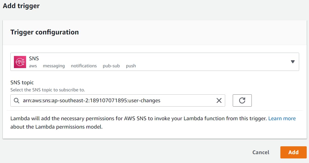 Select SNS as the source and specify the SNS Topic name or ARN to set up the Lambda trigger.