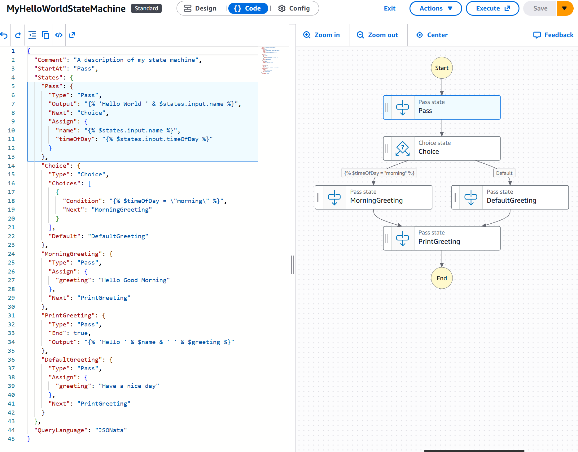 AWS Step Function ASL Definition in the code behind in AWS Console.
