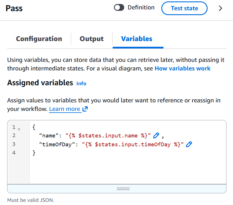 Setting variables in AWS Step Functions using JSONata expressions. Variables are available across multiple steps.