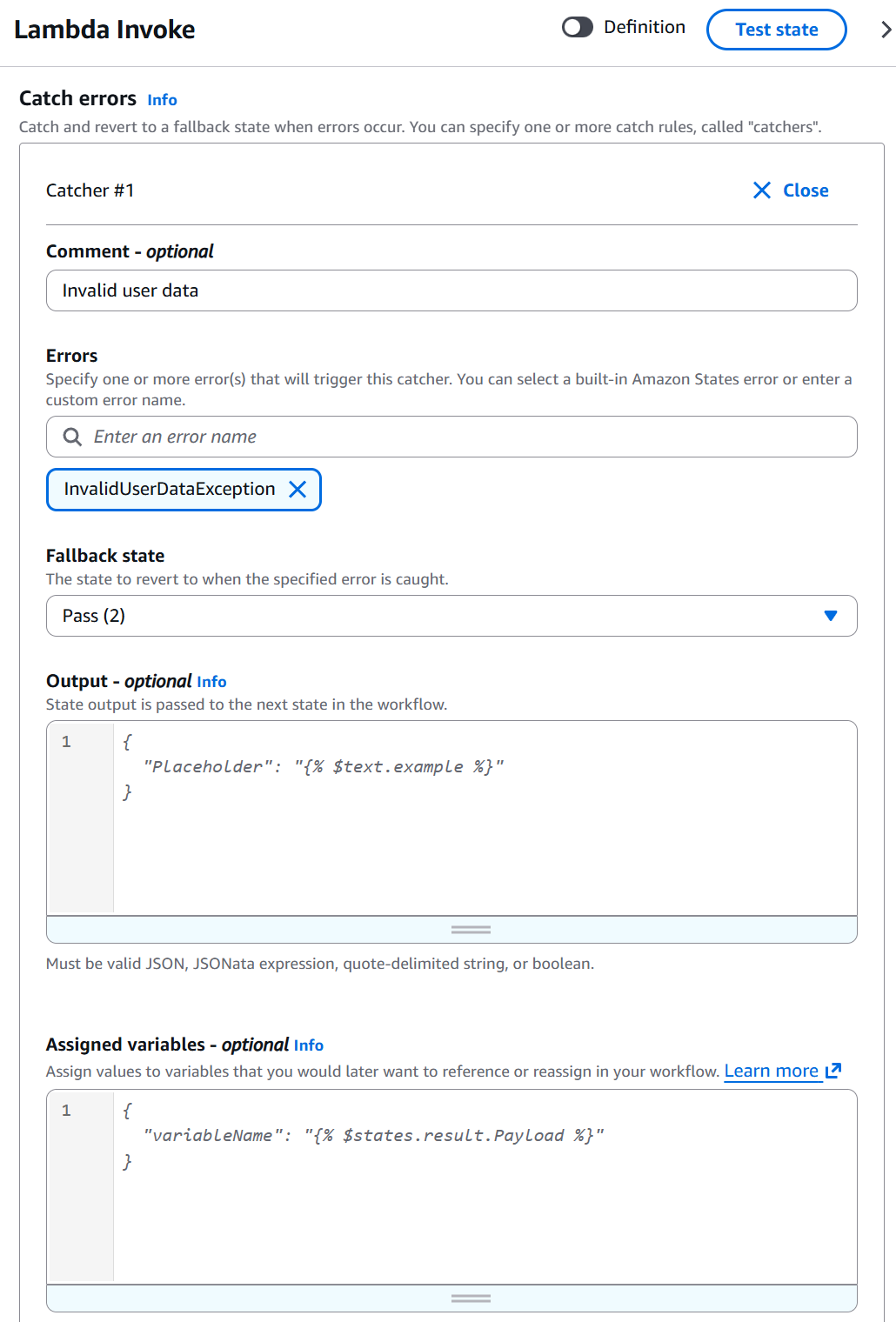 Configuring catch errors configuration for a AWS Step Function Task state in AWS Console.